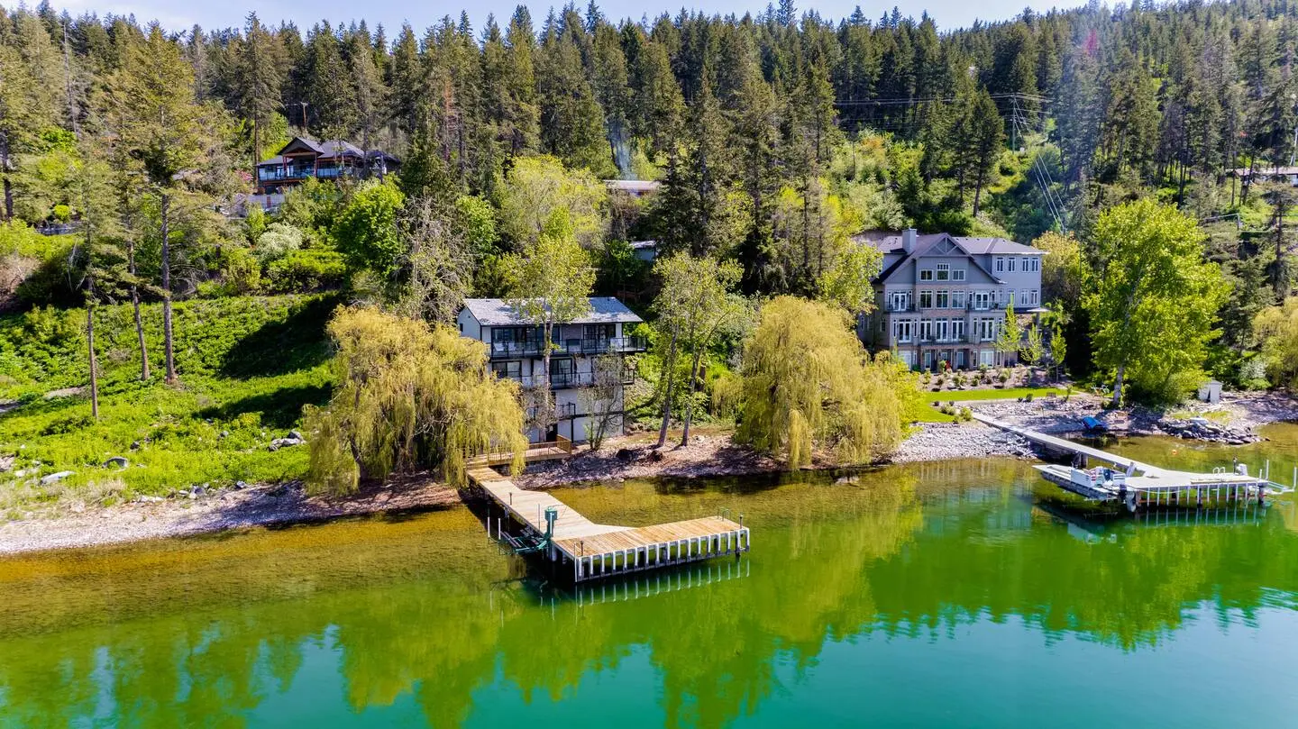 Aerial view of the house and its dock on Okanagan Lake