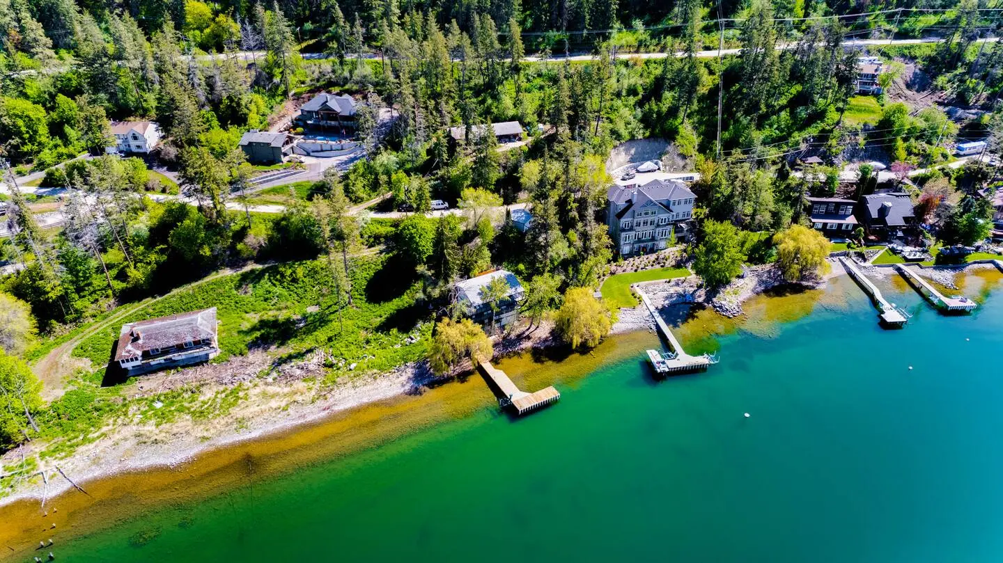 Aerial view of the shoreline and neighbouring docks