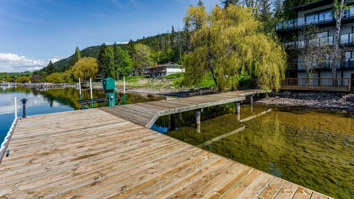 Dock and shoreline with the house behind the willows