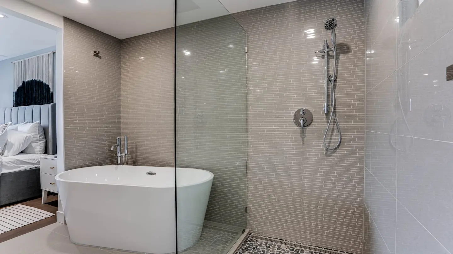 Ensuite with freestanding tub and walk-in shower