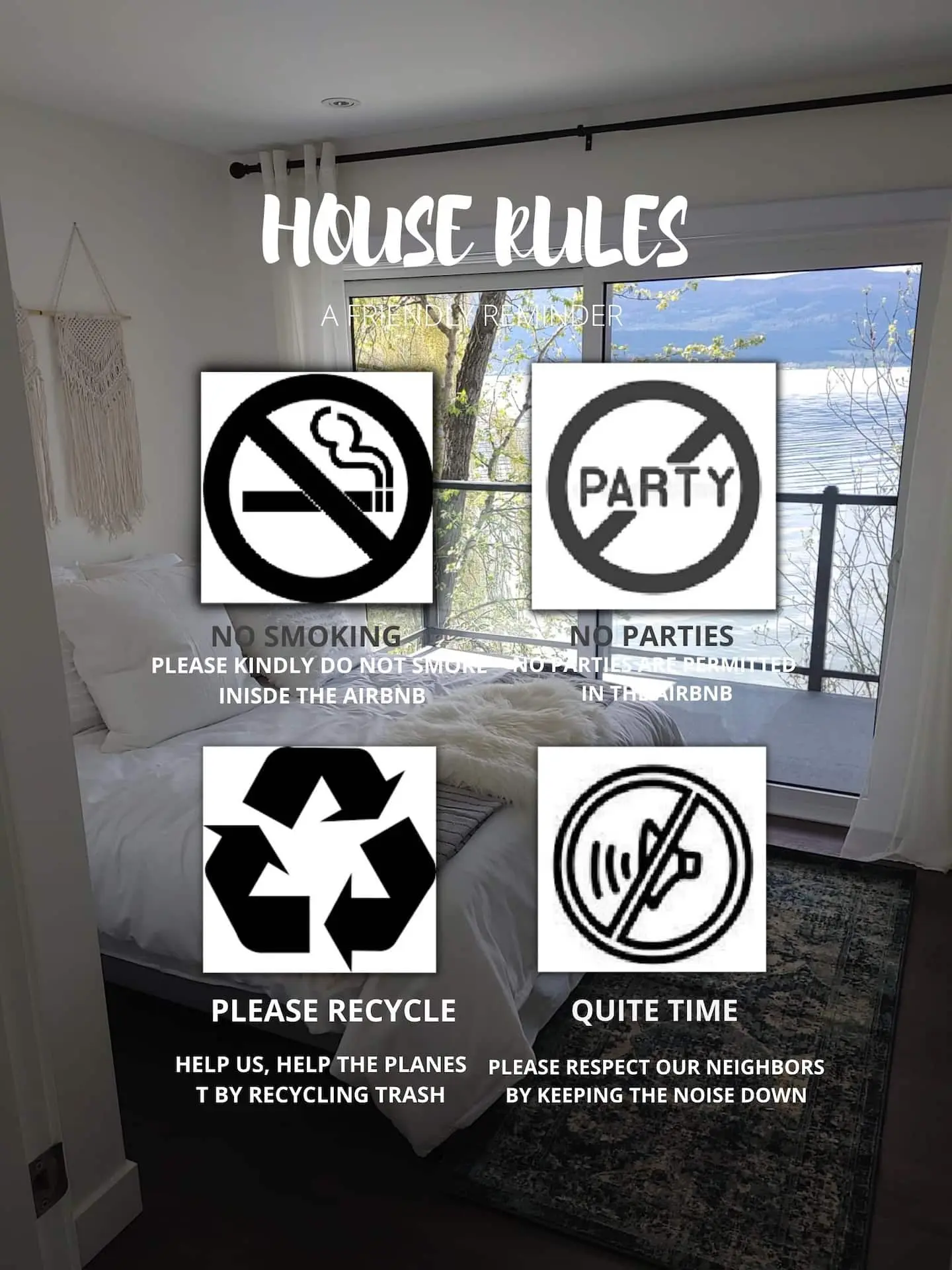 House rules graphic: no smoking, no parties, recycle, quiet time